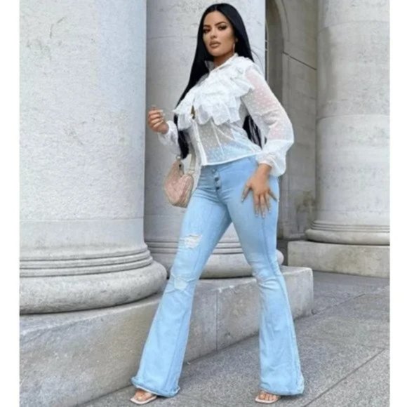 White Polka Dot Long Sleeve High Neck Ruffle Blouse Top - Picture 10 of 15